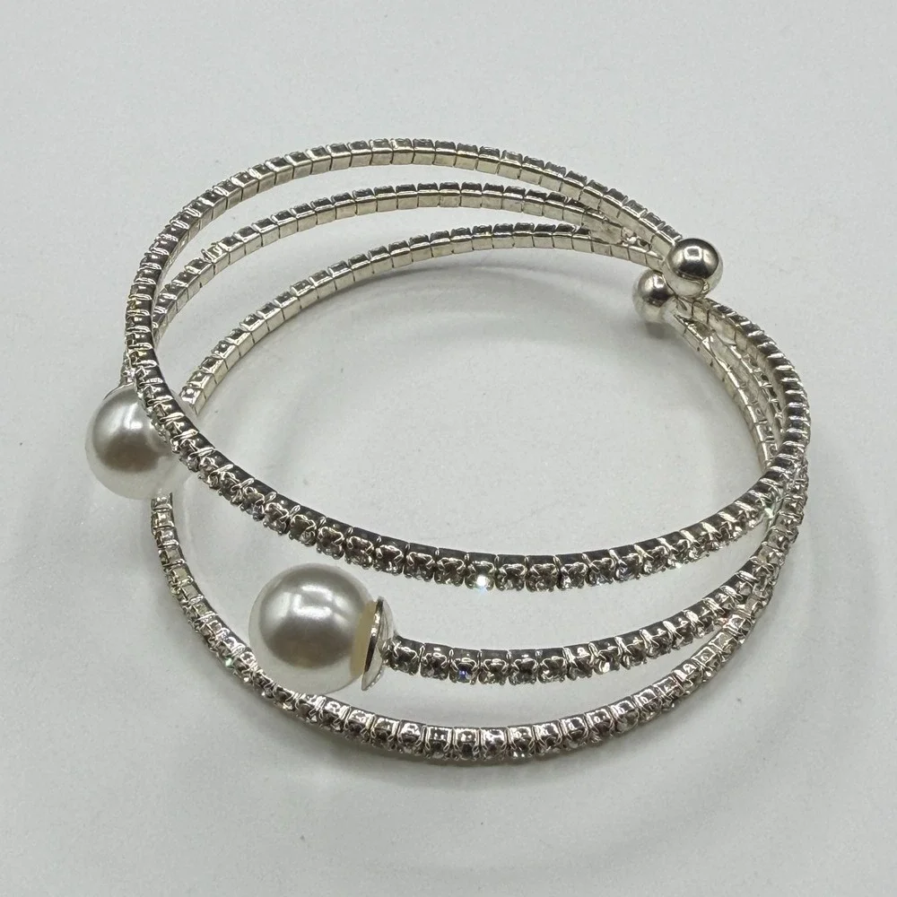 Clear Rhinestone Faux Pearl Silver Tone Triple Row Cuff Wrap Bracelet Bridal